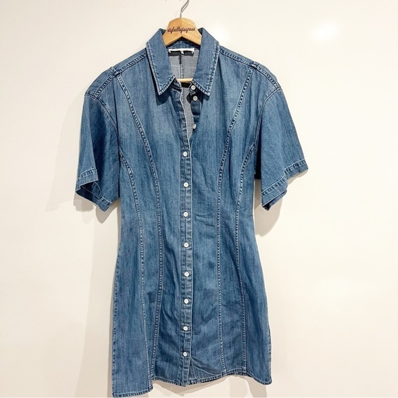 Frame Seam Detail Denim Mini Dress in Shoreline Wash - Picture 7 of 14